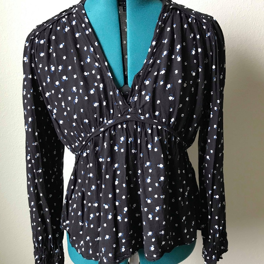 Lucky Brand Black with Floral Blouse Long Sleeve